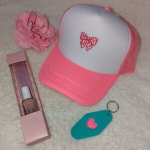 Pink and White Cap with Bow Embroidery Bag Charm Nail Set Bundle